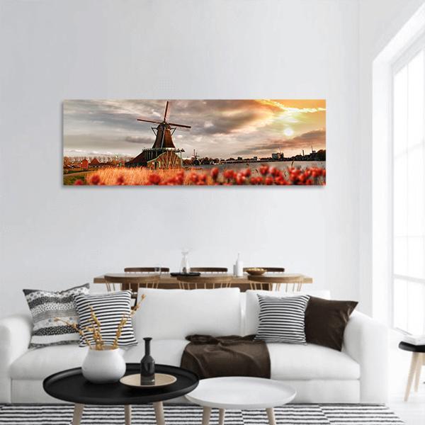 Dutch Windmills Amsterdam Panoramic Canvas Wall Art-3 Piece-25" x 08"-Tiaracle