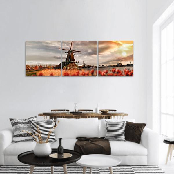 Dutch Windmills Amsterdam Panoramic Canvas Wall Art-3 Piece-25" x 08"-Tiaracle