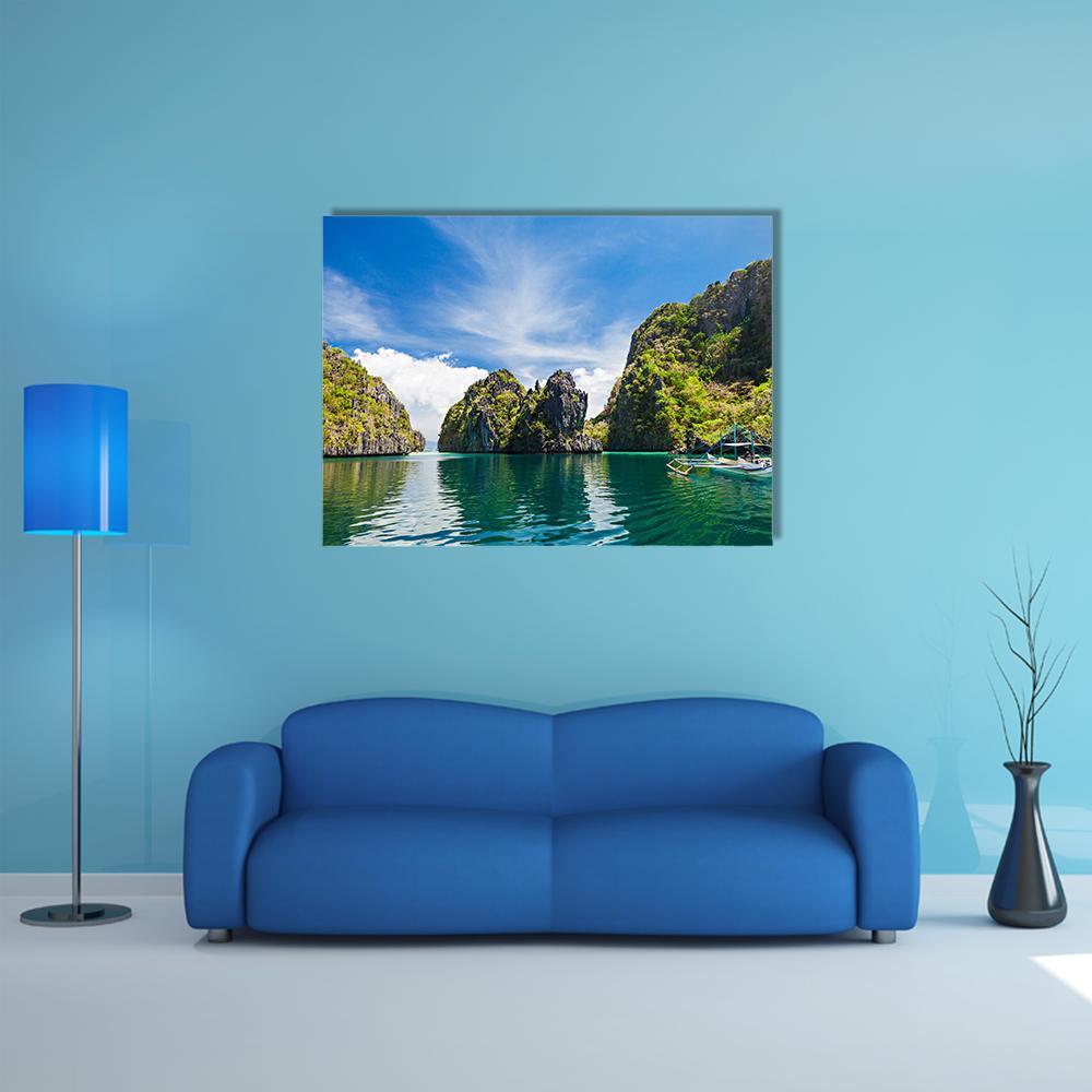 Scenic Philippine Island with Boat Canvas Wall Art in green and blue, single panel hung on a wall
