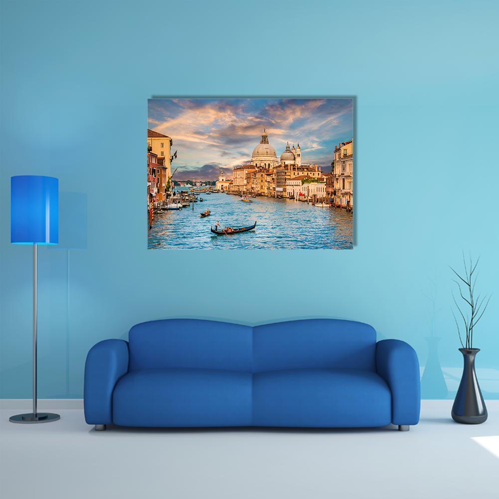 Gondola on Venice's Grand Canal Canvas Wall Art in beige, orange and blue, single panel hung on a wall