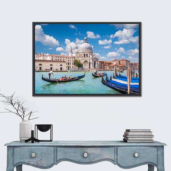Traditional Gondolas on Canal Grande Canvas Wall Art-3 Horizontal-Gallery Wrap-25" x 16"-Tiaracle