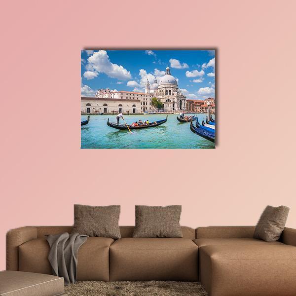 Venice Gondolas on the Canal Canvas Wall Art in white, beige and blue, single panel hung on a wall