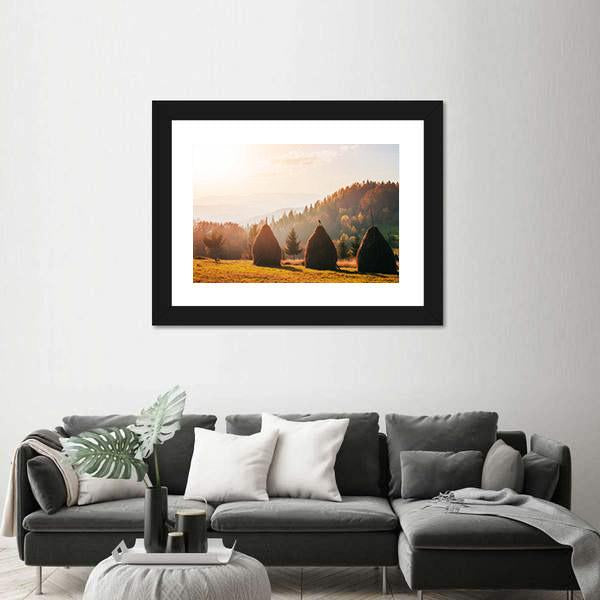 Traditional Hay Stacks In Carpathian Ukraine Canvas Wall Art-1 Piece-Framed Print-20" x 16"-Tiaracle