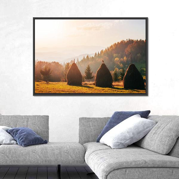 Traditional Hay Stacks In Carpathian Ukraine Canvas Wall Art-1 Piece-Floating Frame-24" x 16"-Tiaracle