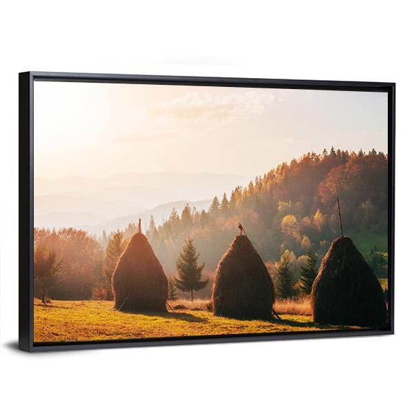 Traditional Hay Stacks In Carpathian Ukraine Canvas Wall Art-3 Horizontal-Gallery Wrap-25" x 16"-Tiaracle