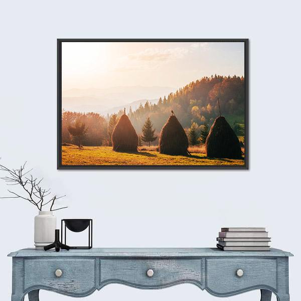 Traditional Hay Stacks In Carpathian Ukraine Canvas Wall Art-3 Horizontal-Gallery Wrap-25" x 16"-Tiaracle