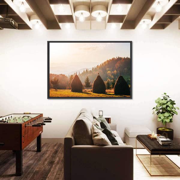 Traditional Hay Stacks In Carpathian Ukraine Canvas Wall Art-3 Horizontal-Gallery Wrap-25" x 16"-Tiaracle