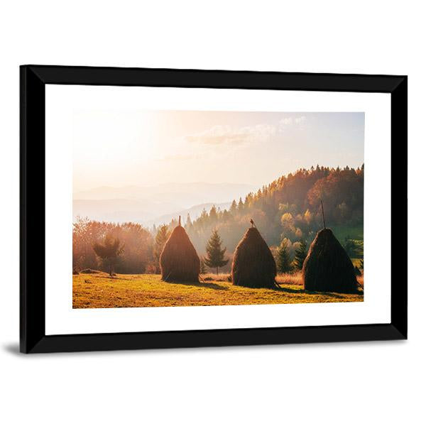 Traditional Hay Stacks In Carpathian Ukraine Canvas Wall Art-3 Horizontal-Gallery Wrap-25" x 16"-Tiaracle