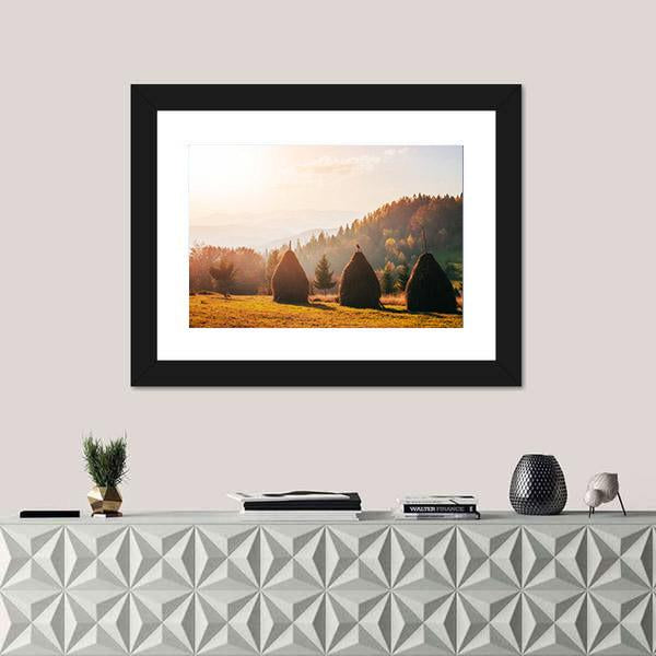 Traditional Hay Stacks In Carpathian Ukraine Canvas Wall Art-3 Horizontal-Gallery Wrap-25" x 16"-Tiaracle