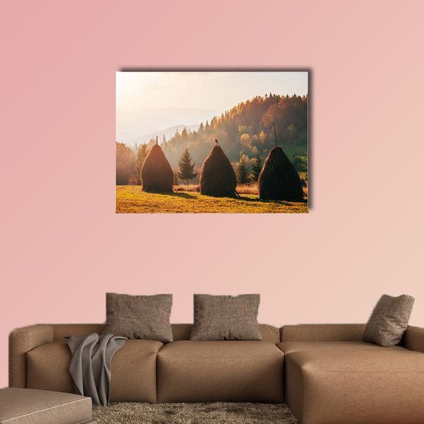 Traditional Hay Stacks In Carpathian Ukraine Canvas Wall Art-1 Piece-Gallery Wrap-48" x 32"-Tiaracle