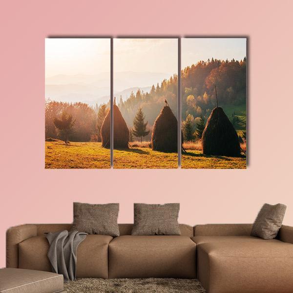 Traditional Hay Stacks In Carpathian Ukraine Canvas Wall Art-3 Horizontal-Gallery Wrap-37" x 24"-Tiaracle