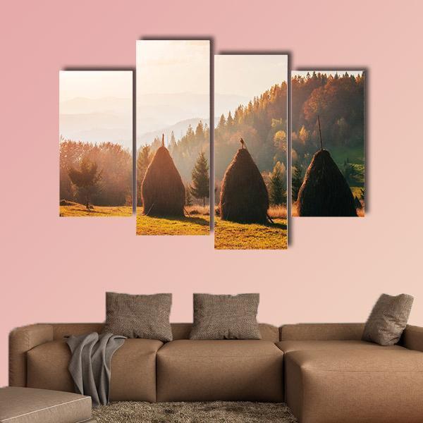 Traditional Hay Stacks In Carpathian Ukraine Canvas Wall Art-4 Pop-Gallery Wrap-50" x 32"-Tiaracle