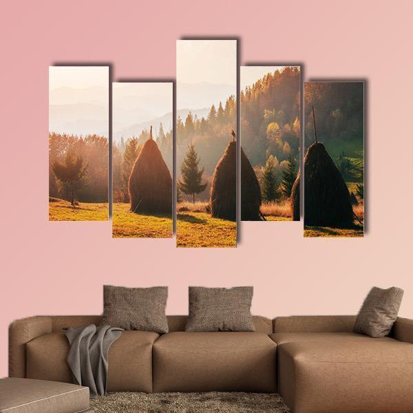Traditional Hay Stacks In Carpathian Ukraine Canvas Wall Art-5 Pop-Gallery Wrap-47" x 32"-Tiaracle