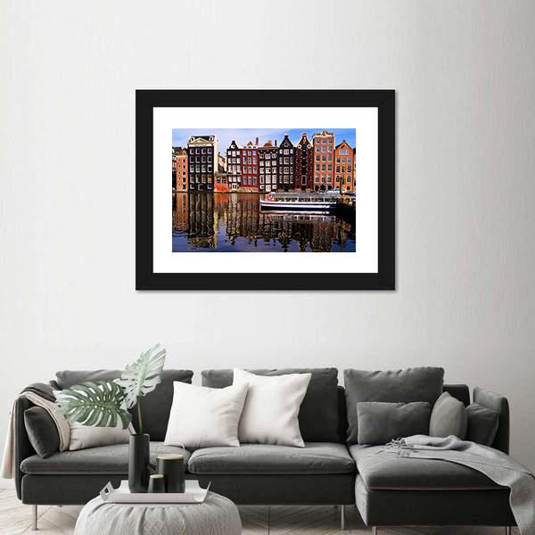 Traditional Houses Of Amsterdam Canvas Wall Art-1 Piece-Framed Print-20" x 16"-Tiaracle