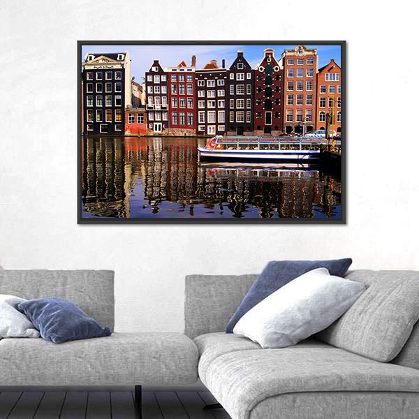 Traditional Houses Of Amsterdam Canvas Wall Art-1 Piece-Floating Frame-24" x 16"-Tiaracle