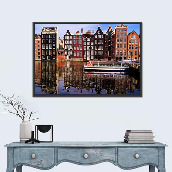Traditional Houses Of Amsterdam Canvas Wall Art-3 Horizontal-Gallery Wrap-25" x 16"-Tiaracle