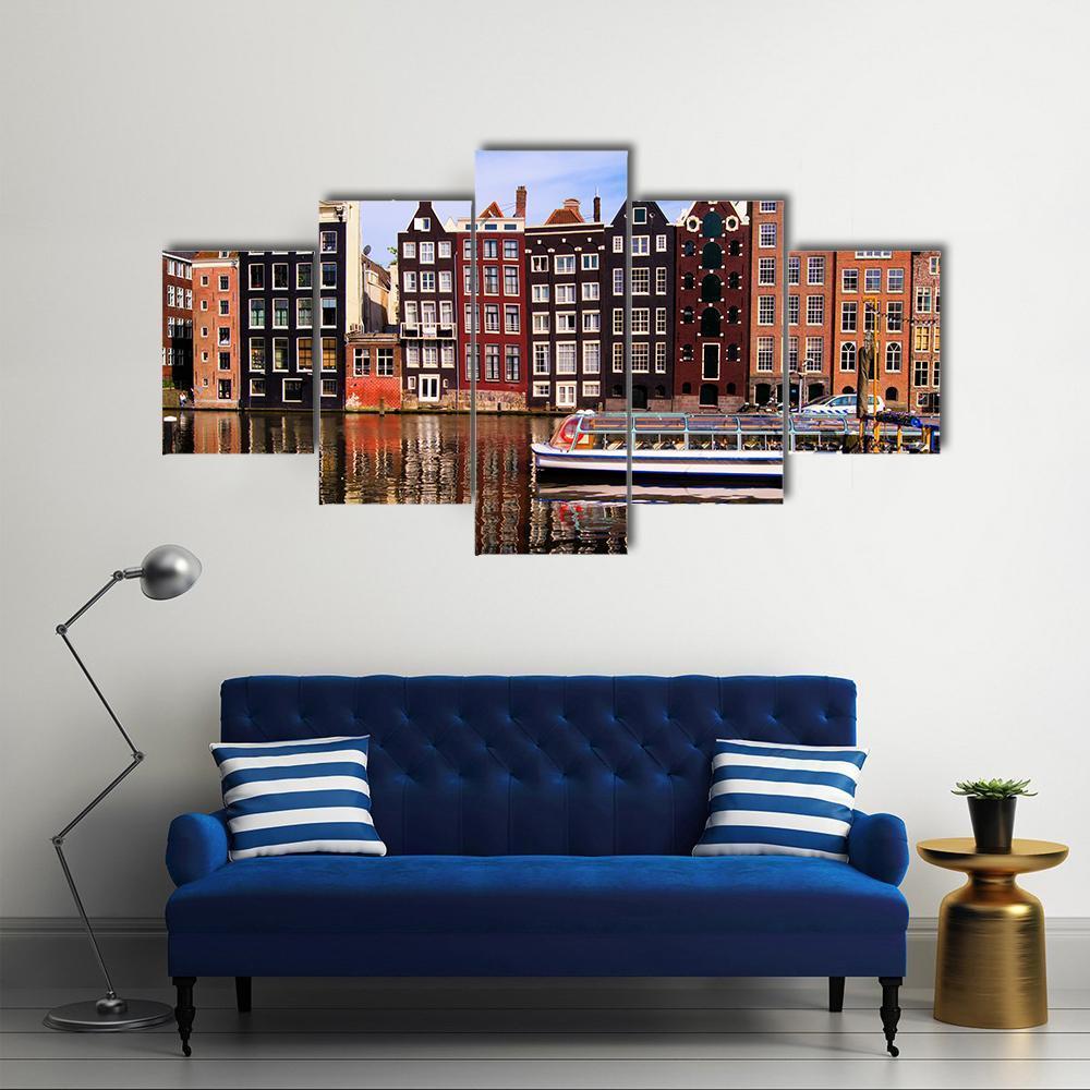 Traditional Houses Of Amsterdam Canvas Wall Art-5 Star-Gallery Wrap-62" x 32"-Tiaracle