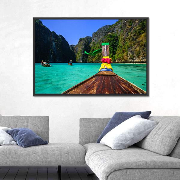 Traditional Longtail Boat In Pile Bay Canvas Wall Art-1 Piece-Floating Frame-24" x 16"-Tiaracle