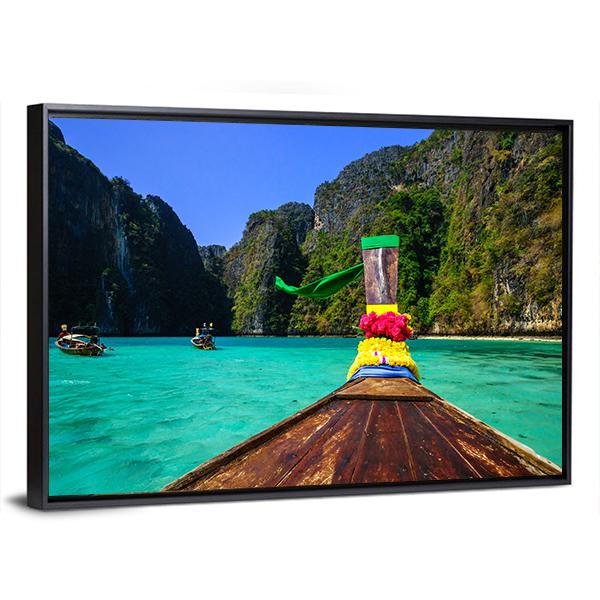 Traditional Longtail Boat In Pile Bay Canvas Wall Art-3 Horizontal-Gallery Wrap-25" x 16"-Tiaracle