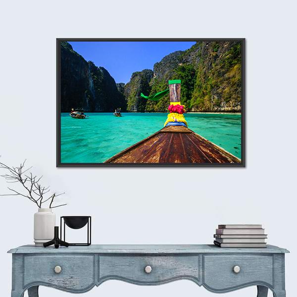 Traditional Longtail Boat In Pile Bay Canvas Wall Art-3 Horizontal-Gallery Wrap-25" x 16"-Tiaracle