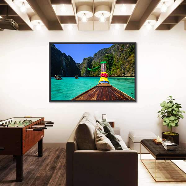Traditional Longtail Boat In Pile Bay Canvas Wall Art-3 Horizontal-Gallery Wrap-25" x 16"-Tiaracle