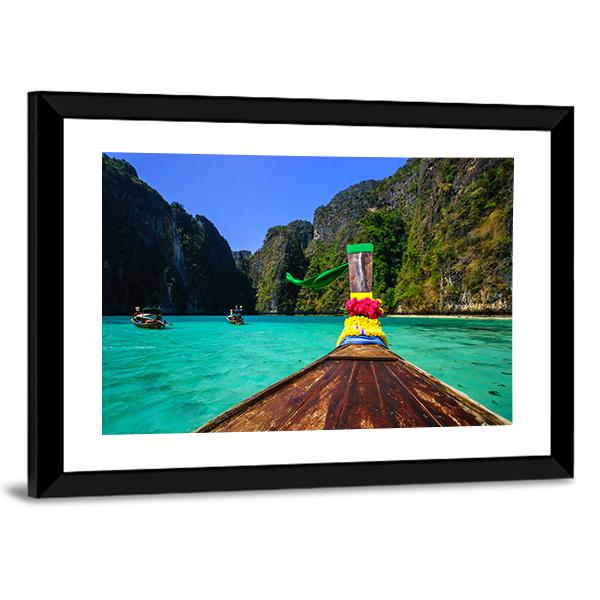 Traditional Longtail Boat In Pile Bay Canvas Wall Art-3 Horizontal-Gallery Wrap-25" x 16"-Tiaracle