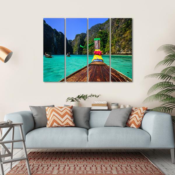 Traditional Longtail Boat In Pile Bay Canvas Wall Art-4 Horizontal-Gallery Wrap-34" x 24"-Tiaracle