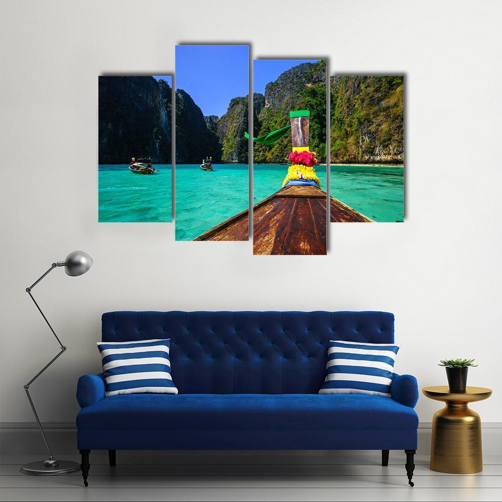Traditional Longtail Boat In Pile Bay Canvas Wall Art-1 Piece-Gallery Wrap-48" x 32"-Tiaracle