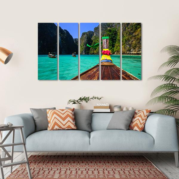 Traditional Longtail Boat In Pile Bay Canvas Wall Art-5 Horizontal-Gallery Wrap-22" x 12"-Tiaracle