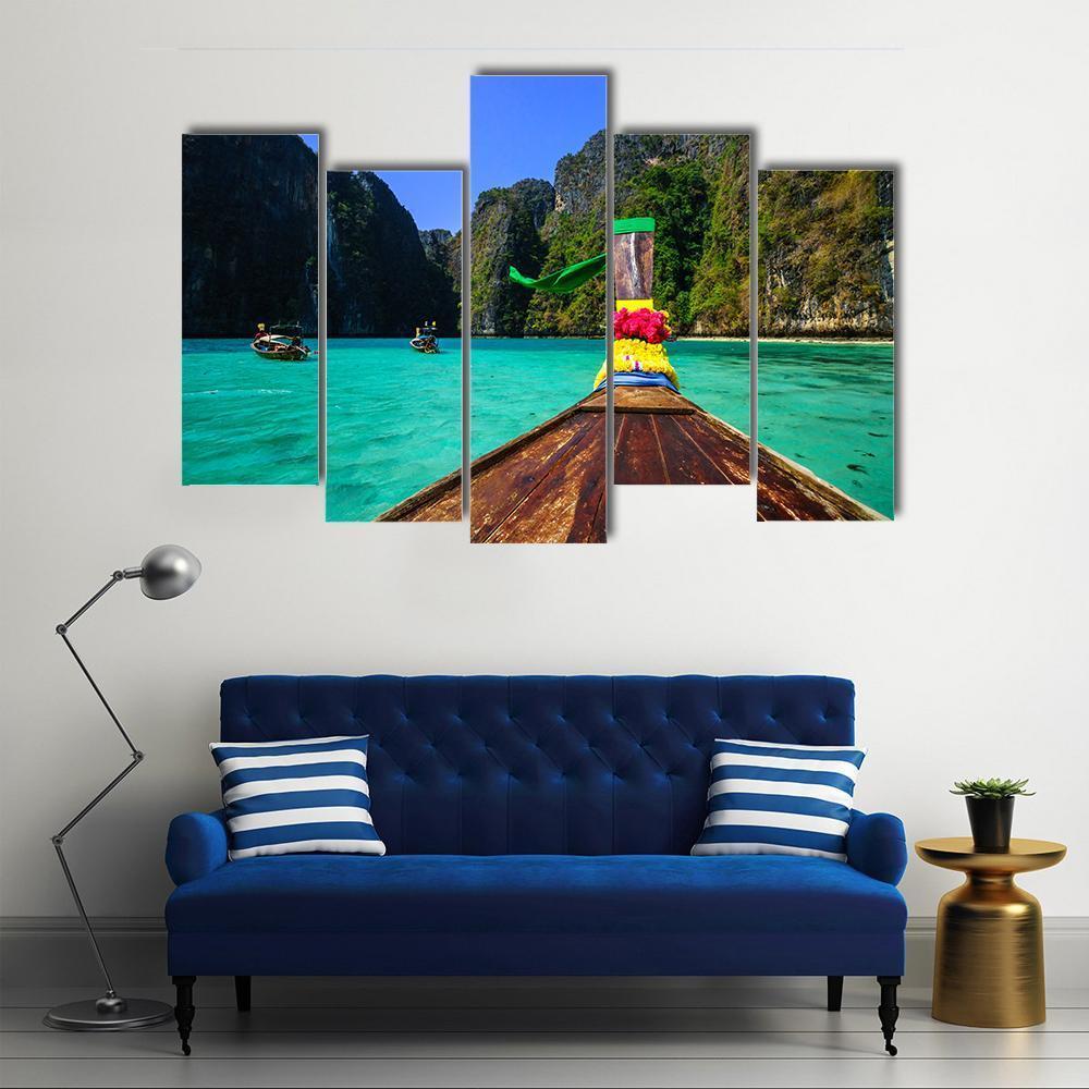 Traditional Longtail Boat In Pile Bay Canvas Wall Art-5 Pop-Gallery Wrap-47" x 32"-Tiaracle
