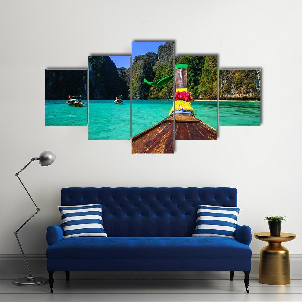Traditional Longtail Boat In Pile Bay Canvas Wall Art-5 Star-Gallery Wrap-62" x 32"-Tiaracle