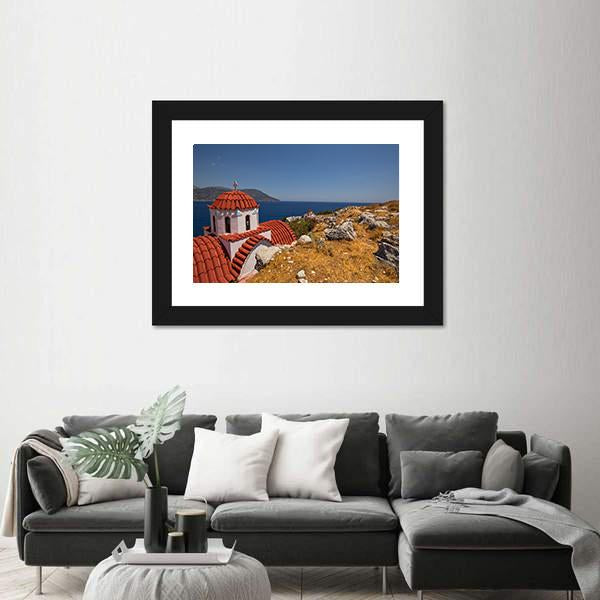 Traditional Red Roof Church On Karpathos Island Canvas Wall Art-1 Piece-Framed Print-20" x 16"-Tiaracle