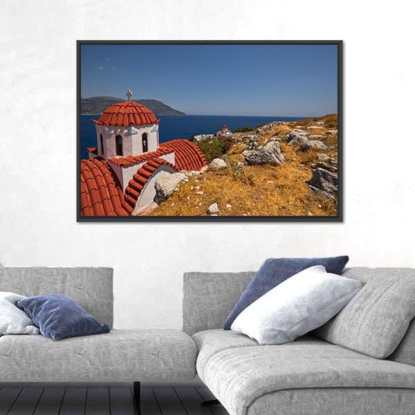 Traditional Red Roof Church On Karpathos Island Canvas Wall Art-1 Piece-Floating Frame-24" x 16"-Tiaracle
