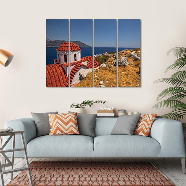 Traditional Red Roof Church On Karpathos Island Canvas Wall Art-4 Horizontal-Gallery Wrap-34" x 24"-Tiaracle