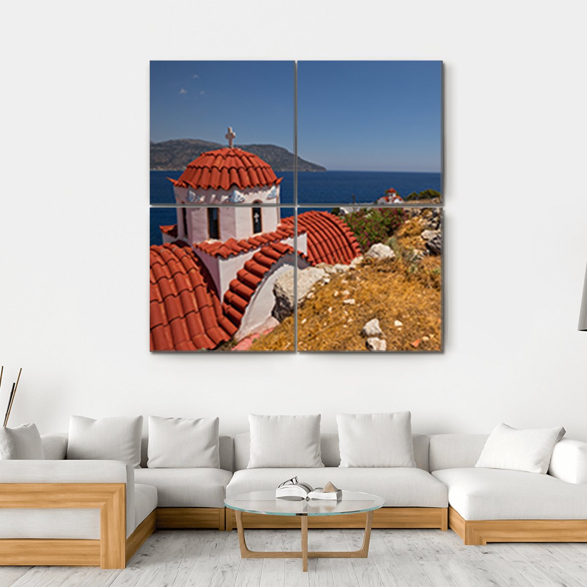 Traditional Red Roof Church On Karpathos Island Canvas Wall Art-4 Square-Gallery Wrap-17" x 17"-Tiaracle