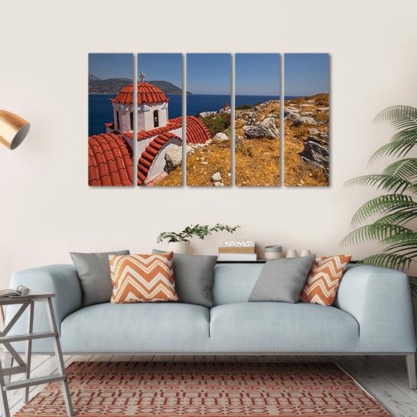 Traditional Red Roof Church On Karpathos Island Canvas Wall Art-5 Horizontal-Gallery Wrap-22" x 12"-Tiaracle