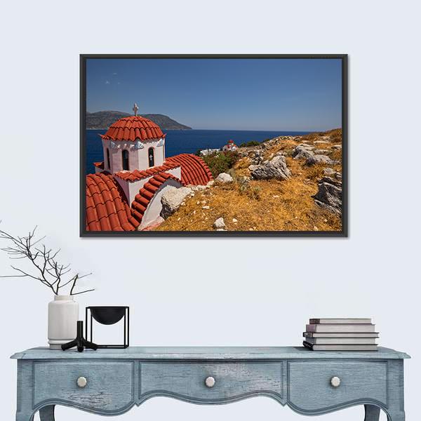 Traditional Red Roof Church On Karpathos Island Canvas Wall Art-3 Horizontal-Gallery Wrap-25" x 16"-Tiaracle