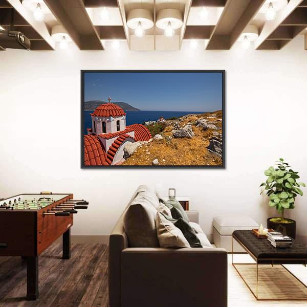 Traditional Red Roof Church On Karpathos Island Canvas Wall Art-3 Horizontal-Gallery Wrap-25" x 16"-Tiaracle