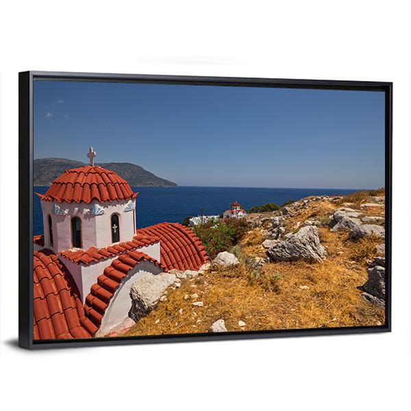 Traditional Red Roof Church On Karpathos Island Canvas Wall Art-5 Horizontal-Gallery Wrap-22" x 12"-Tiaracle