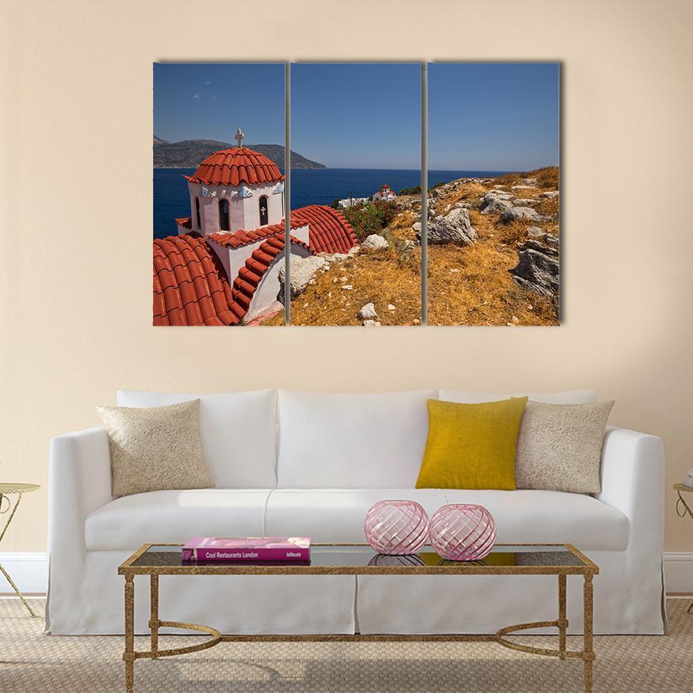 Traditional Red Roof Church On Karpathos Island Canvas Wall Art-3 Horizontal-Gallery Wrap-37" x 24"-Tiaracle