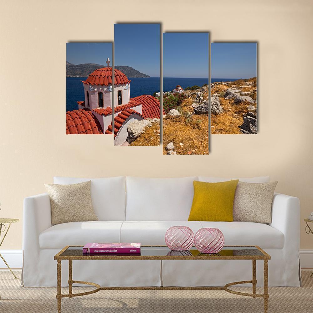Traditional Red Roof Church On Karpathos Island Canvas Wall Art-4 Pop-Gallery Wrap-50" x 32"-Tiaracle