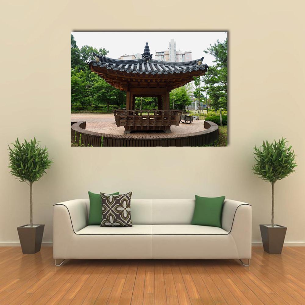 Traditional Korean Gazebo with Tiled Roof Canvas Wall Art in gray, brown and green, single panel hung on a wall