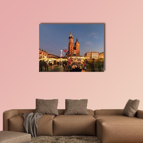Traditional Christmas Market in Town Square Canvas Wall Art in brown, yellow and blue, single panel hung on a wall