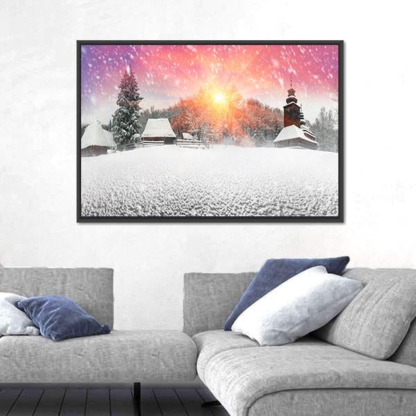 Traditional Ukrainian Village At Snowfall Panoramic Canvas Wall Art-1 Piece-36" x 12"-Tiaracle