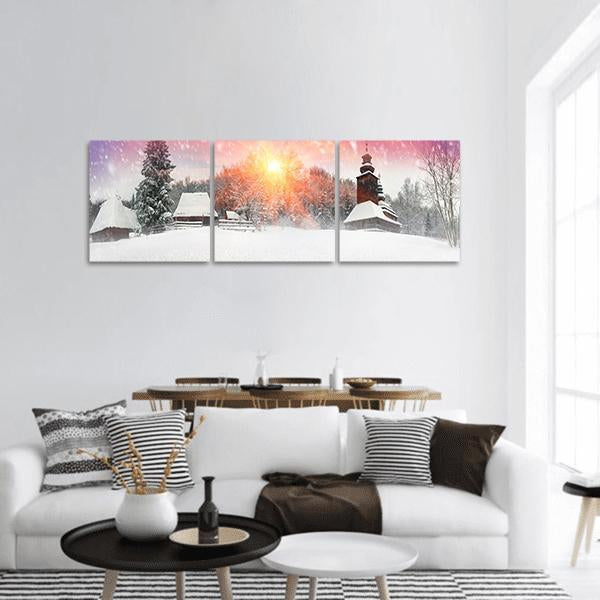 Traditional Ukrainian Village At Snowfall Panoramic Canvas Wall Art-3 Piece-25" x 08"-Tiaracle