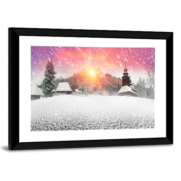 Traditional Ukrainian Village At Snowfall Panoramic Canvas Wall Art-1 Piece-36" x 12"-Tiaracle