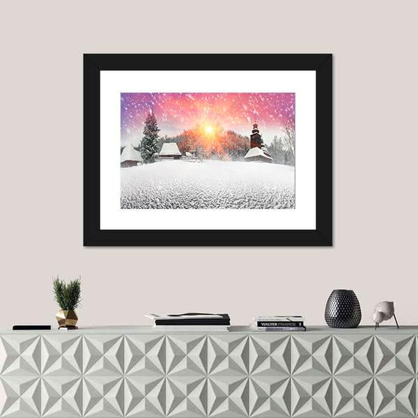 Traditional Ukrainian Village At Snowfall Panoramic Canvas Wall Art-1 Piece-36" x 12"-Tiaracle