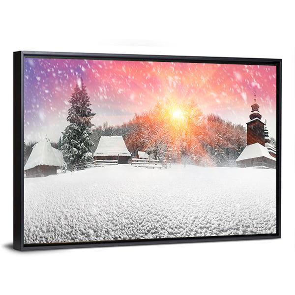 Traditional Ukrainian Village At Snowfall Panoramic Canvas Wall Art-1 Piece-36" x 12"-Tiaracle