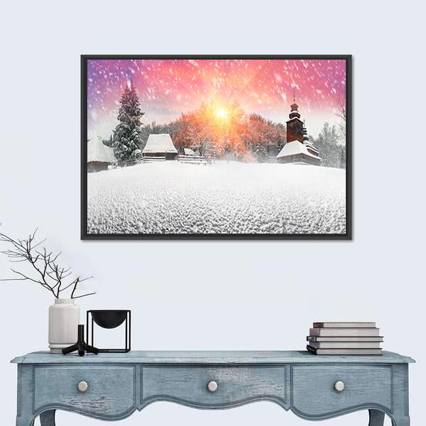 Traditional Ukrainian Village At Snowfall Panoramic Canvas Wall Art-1 Piece-36" x 12"-Tiaracle