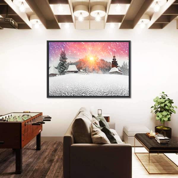 Traditional Ukrainian Village At Snowfall Panoramic Canvas Wall Art-1 Piece-36" x 12"-Tiaracle